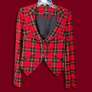 Betsey Johnson Red Tartan Plaid Blazer with Black & Yellow Accents